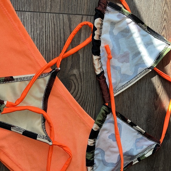 Orange camouflage bikini skirt thong set stripper stretchy army military dancer - Picture 2 of 6